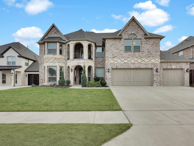 french country inspired facade with brick siding, a front lawn, concrete driveway, a balcony, and an attached garage