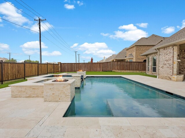 4113 Frontera Vista Dr, Fort Worth, TX 76179 - view of pool with an outdoor fire pit, a patio, a fenced backyard, and a pool with connected hot tub