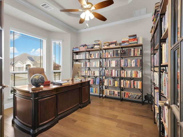 office area featuring visible vents, light wood-style flooring, a ceiling fan, and ornamental molding