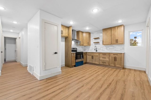 kitchen featuring wall chimney range hood, backsplash, stainless steel range with electric cooktop, and light hardwood / wood-style floors