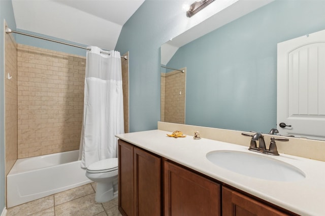 full bathroom with lofted ceiling, toilet, vanity, shower / bathtub combination with curtain, and tile patterned flooring