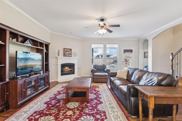 living room with hardwood / wood-style flooring, ceiling fan, and crown molding