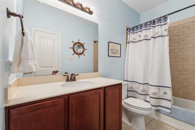 full bathroom with vanity, tile patterned flooring, shower / bath combination with curtain, and toilet