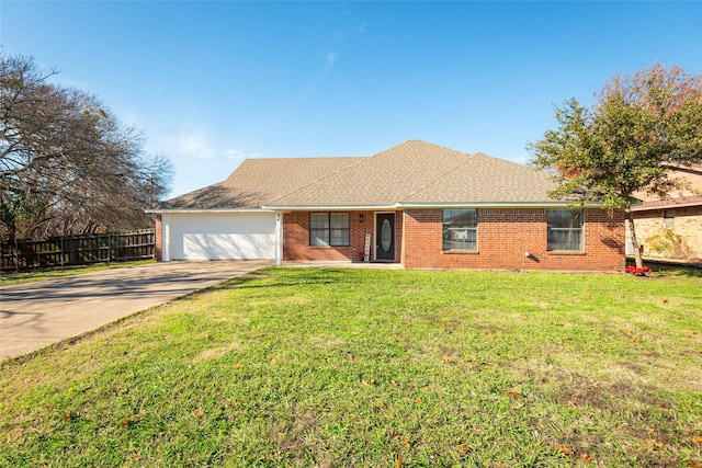 single story home with a garage and a front lawn