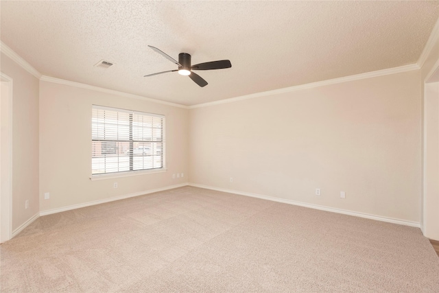 unfurnished room with light carpet, a textured ceiling, ceiling fan, and ornamental molding