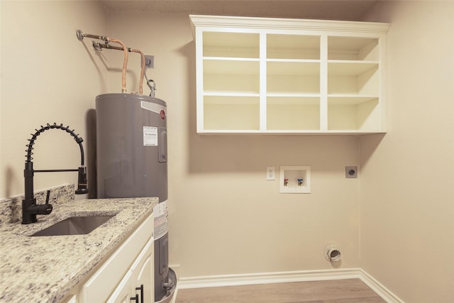 laundry area featuring water heater, sink, light hardwood / wood-style flooring, and hookup for an electric dryer