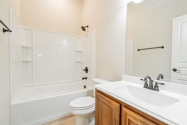 full bathroom with bathing tub / shower combination, vanity, and toilet