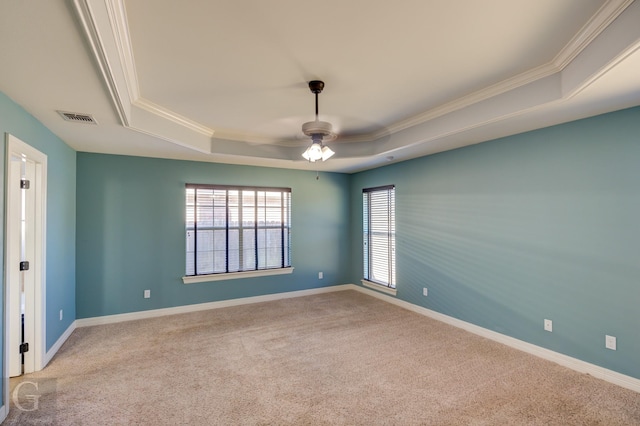 spare room with ornamental molding, a raised ceiling, ceiling fan, and carpet flooring