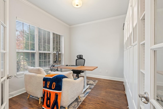 office area featuring crown molding, dark wood-type flooring, and french doors