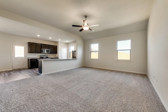 kitchen featuring light carpet, ceiling fan, dark brown cabinets, kitchen peninsula, and stainless steel appliances