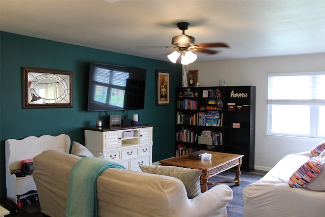 living room with ceiling fan