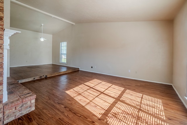 empty room featuring hardwood / wood-style flooring, high vaulted ceiling, ceiling fan, and beam ceiling