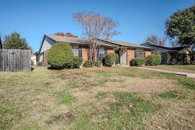 single story home with central AC and a front lawn