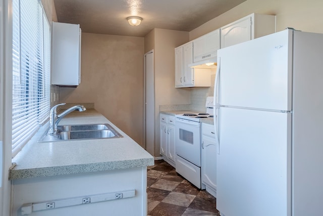 kitchen with white cabinetry, sink, white appliances, decorative backsplash, and custom range hood