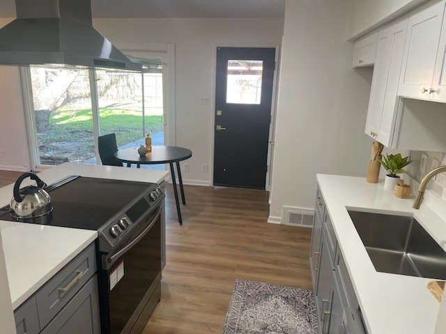 kitchen with white cabinets, ventilation hood, sink, electric range, and gray cabinets