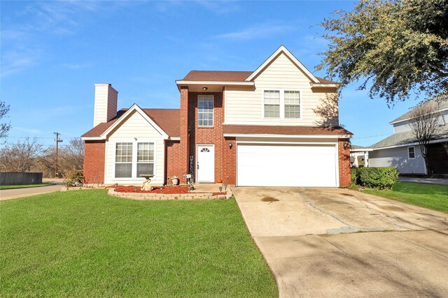 view of property with a garage and a front lawn