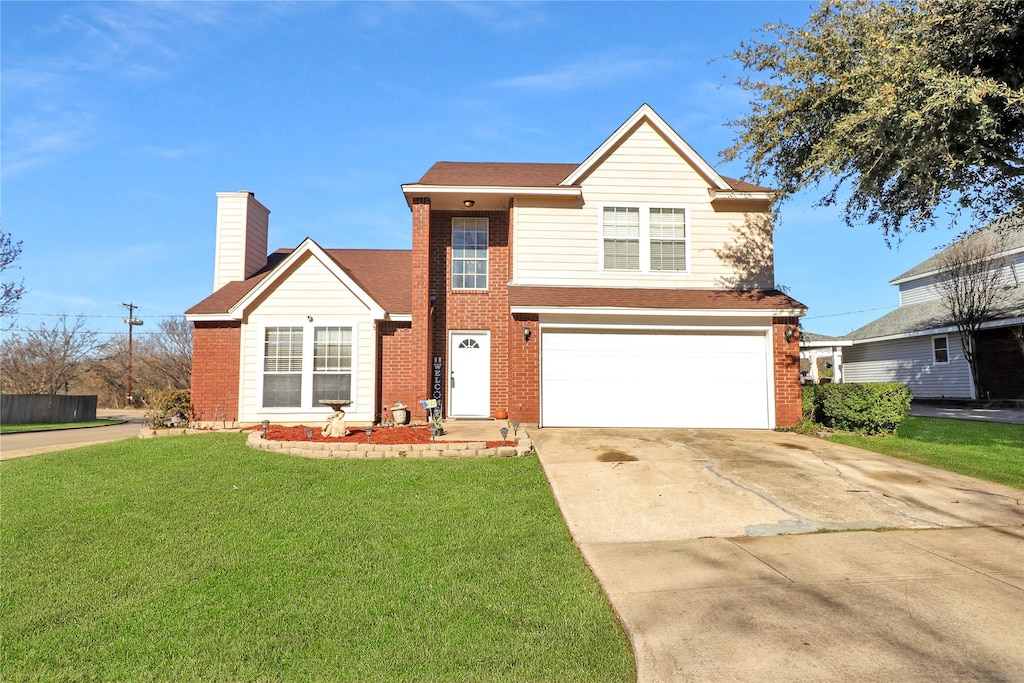 front facade with a garage and a front yard