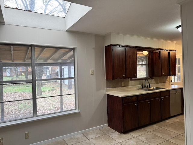 kitchen with dishwasher, sink, a wealth of natural light, and a skylight