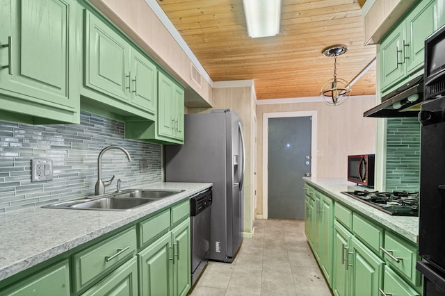 kitchen with wood ceiling, stainless steel dishwasher, and green cabinetry