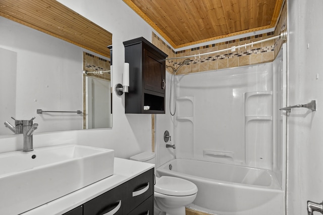 full bathroom with shower / bathing tub combination, vanity, toilet, and wood ceiling