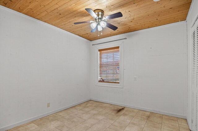 unfurnished room with ornamental molding, ceiling fan, and wooden ceiling