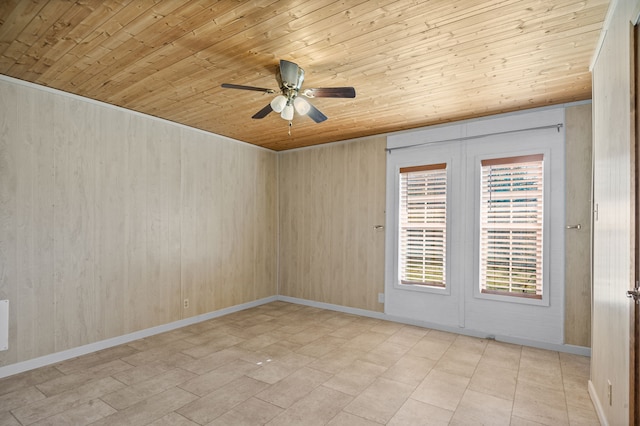 unfurnished room with wood walls, ceiling fan, and wood ceiling