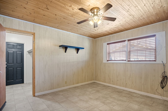 unfurnished room featuring ceiling fan, wooden ceiling, and wood walls