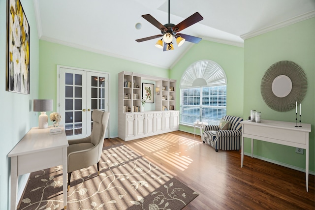 interior space with ceiling fan, french doors, and lofted ceiling