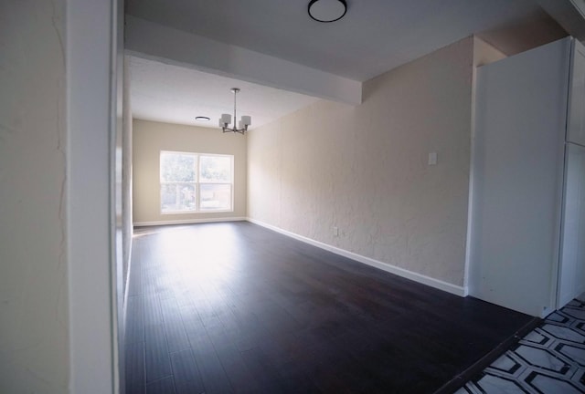 unfurnished dining area with beam ceiling, dark wood-type flooring, and a notable chandelier