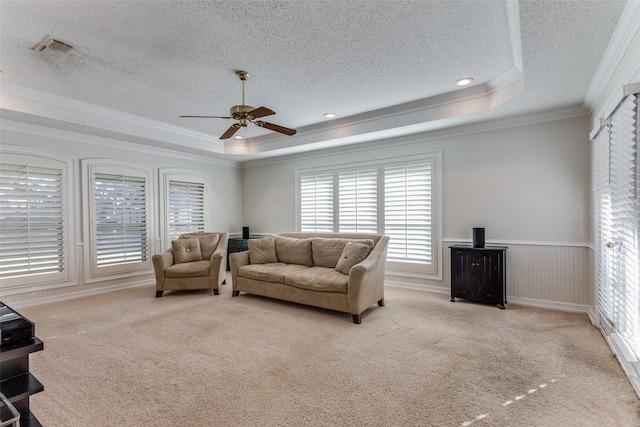 living room featuring a textured ceiling, light colored carpet, and a raised ceiling