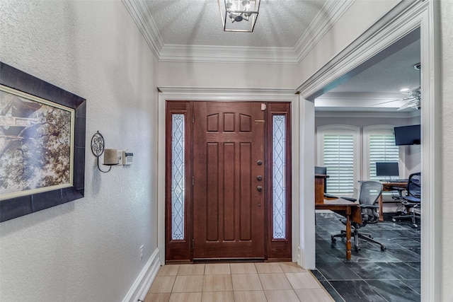 entrance foyer with a textured ceiling, a notable chandelier, and crown molding