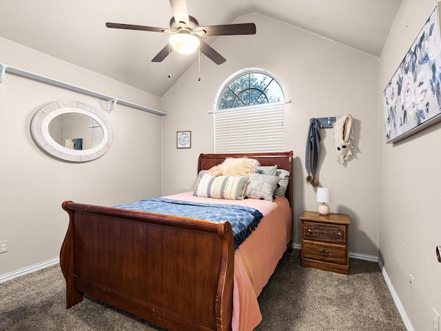 bedroom featuring ceiling fan, lofted ceiling, and dark colored carpet