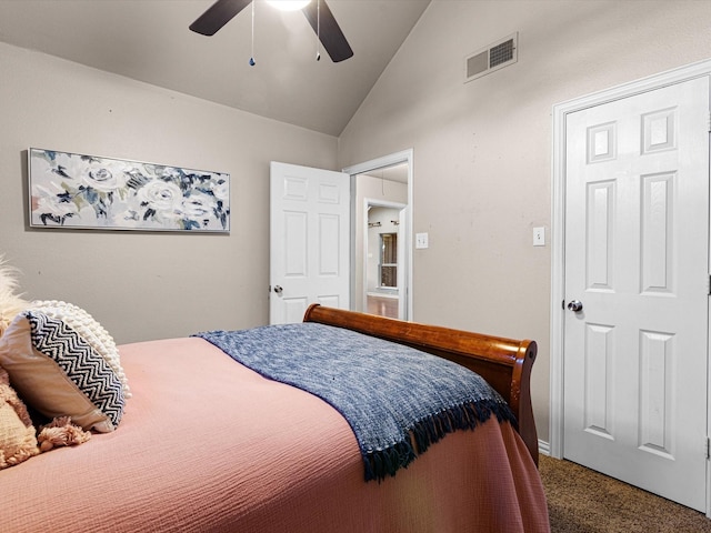 bedroom with ceiling fan, lofted ceiling, and carpet floors