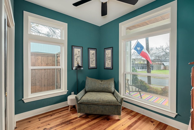 living area with ceiling fan and light hardwood / wood-style flooring