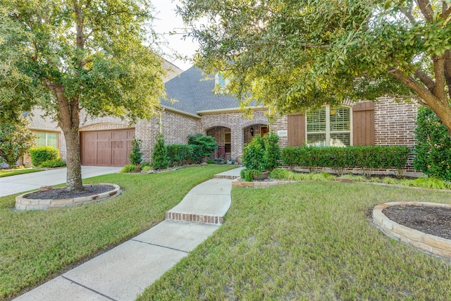 view of front of home featuring a front lawn and a garage