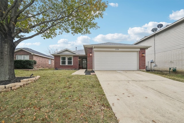 single story home featuring a front yard and a garage