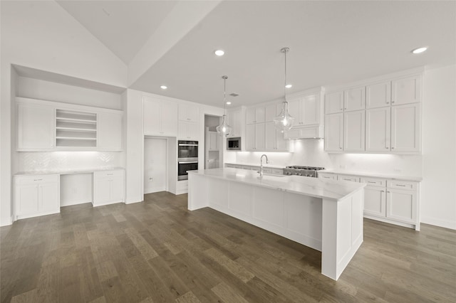 1604 Rolling Oaks Dr, Fort Worth, TX 76008 - kitchen featuring double oven, white cabinets, recessed lighting, decorative backsplash, and open shelves