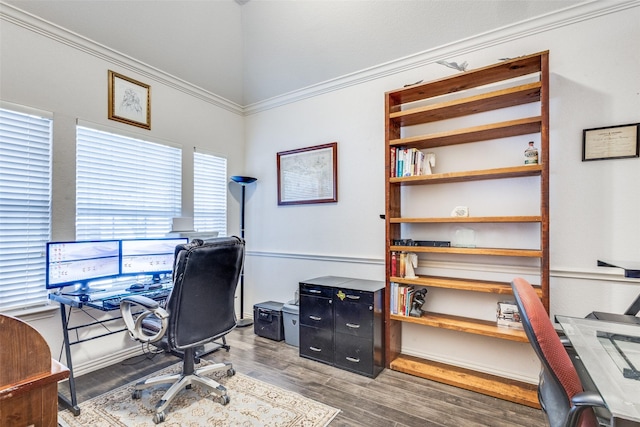 office area featuring hardwood / wood-style flooring and ornamental molding