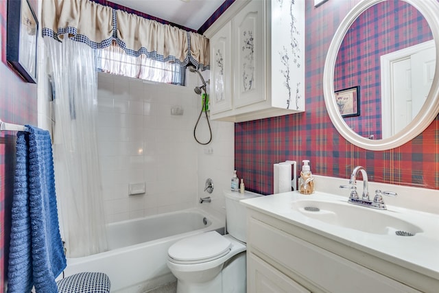 full bathroom featuring vanity, shower / bath combination with curtain, toilet, and wallpapered walls