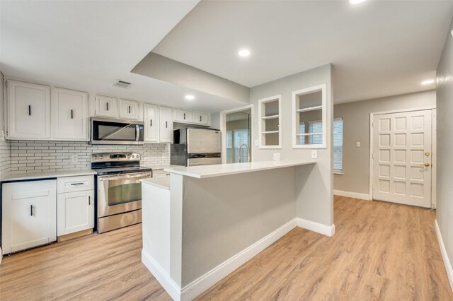 kitchen featuring kitchen peninsula, appliances with stainless steel finishes, decorative backsplash, light hardwood / wood-style flooring, and white cabinetry