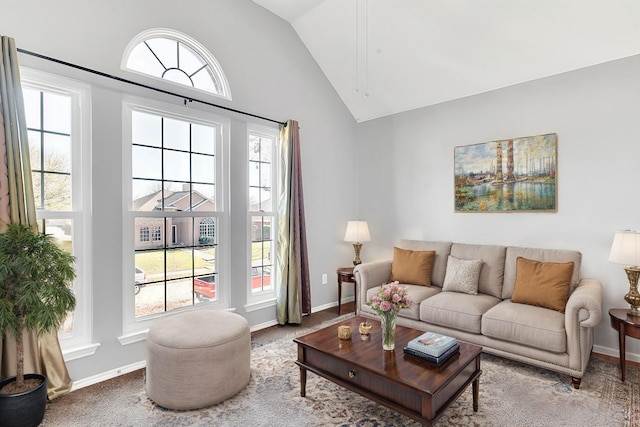 living room with carpet and lofted ceiling