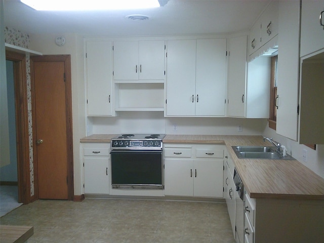 kitchen with sink, white cabinetry, and electric stove