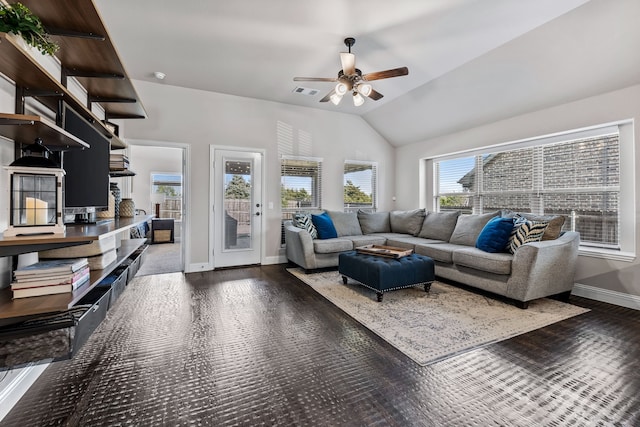 living room with lofted ceiling and ceiling fan