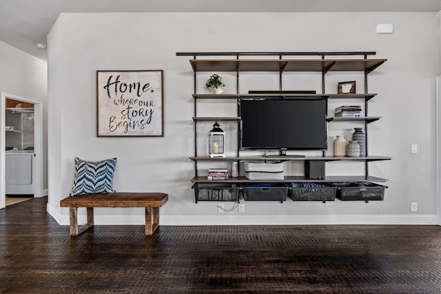 office space featuring hardwood / wood-style flooring and washer and dryer