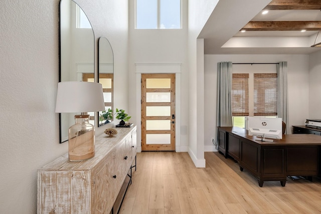 foyer with light hardwood / wood-style floors, a towering ceiling, and a wealth of natural light