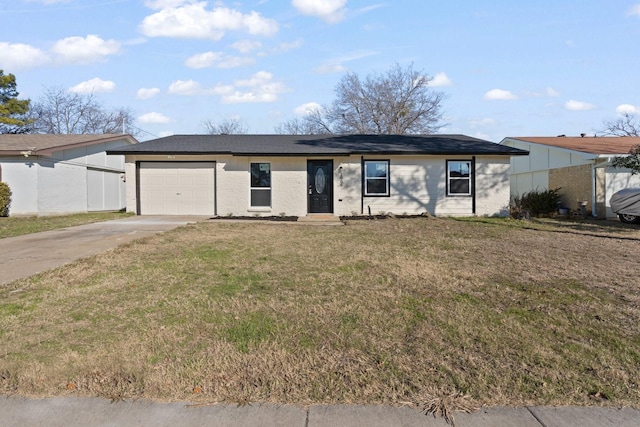 ranch-style house featuring a garage and a front yard