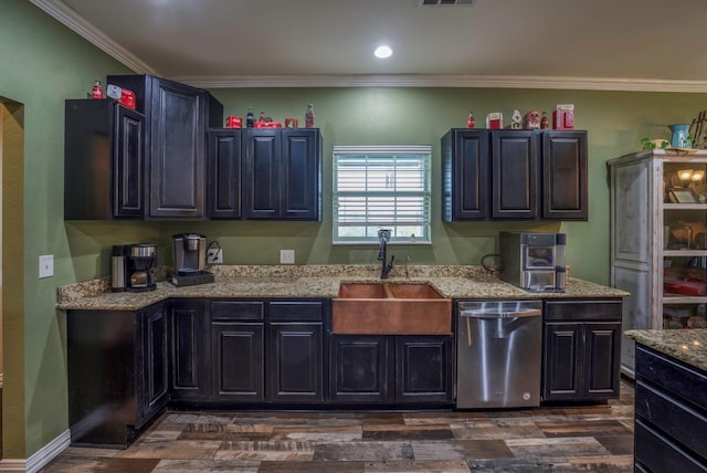 kitchen featuring sink, stainless steel dishwasher, dark hardwood / wood-style floors, light stone countertops, and ornamental molding