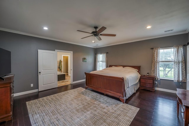 bedroom with ceiling fan, crown molding, and dark hardwood / wood-style floors