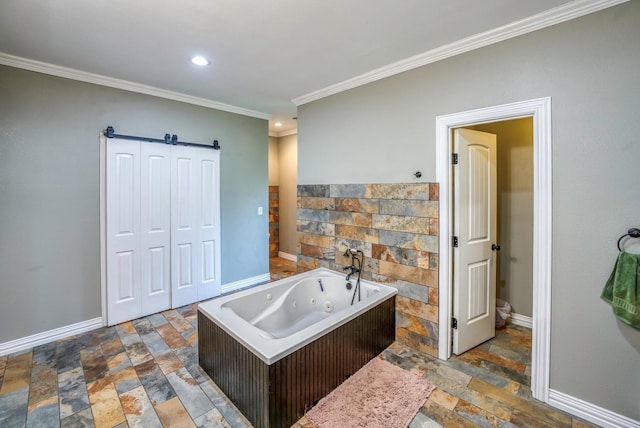 bathroom featuring a washtub and ornamental molding