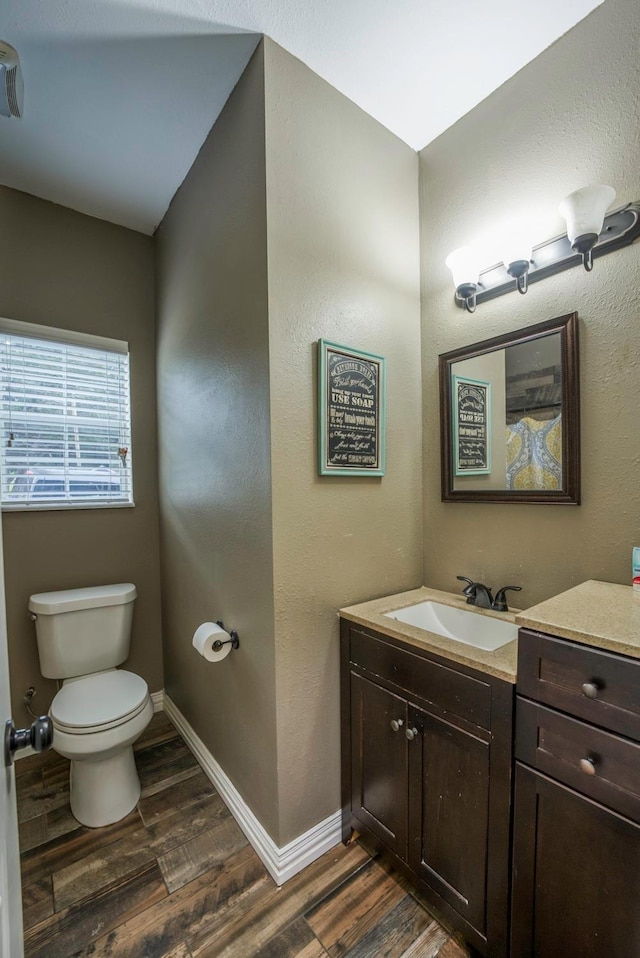 bathroom with hardwood / wood-style floors, vanity, and toilet